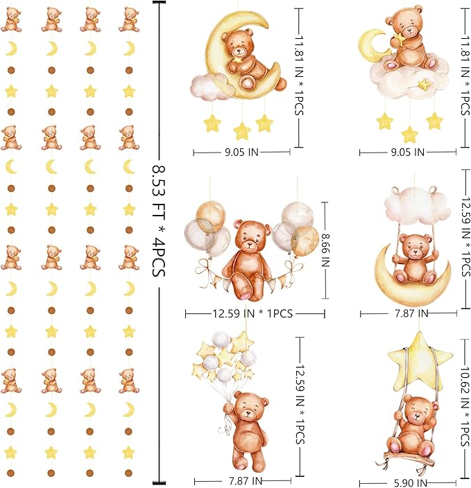 Teddy Bear Party Decorations Cream Tan Brown Boho Star Moon Bear Hanging Cutout Garland Streamer for We Can Bearly Wait Baby Shower Birthday Party Supplies Classroom Nursery Wall Ceiling Decor