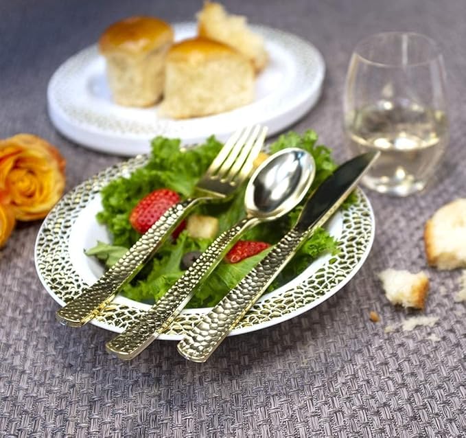 960 Piece Gold Plastic Silverware, Extra Heavyweight Disposable Cutlery Set, Full Size Gold Pebbled Flatware Combo, 480 Forks 240 Spoons 240 Knives, Bulk Party & Wedding Utensils