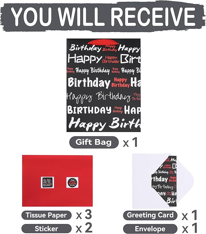 wishinside 13" Large Black Gift Bag Set with Greeting Card and Tissue Papers (White & Red Happy Birthday) for Men's or Women's, Boys, Girls or Kids Party, Baby