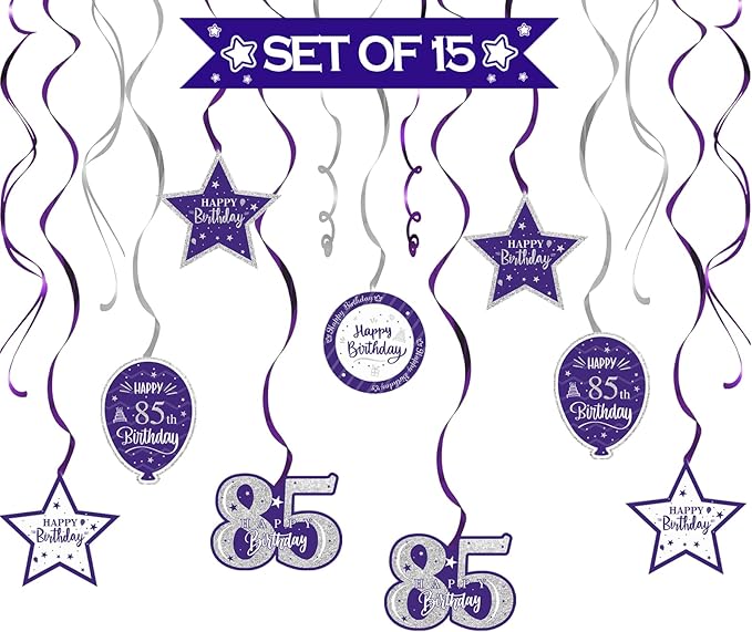 Happy 85th Birthday Purple & Silver Glitter Swirls Streamers Party Decorations - 15 Pcs 85th Birthday Hanging Swirls Streamers Kit,Perfect for 85th Bday Party Sign.