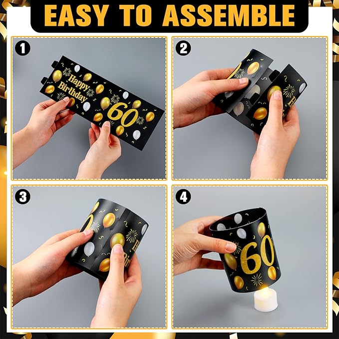 10 Sets 60th Happy Birthday Centerpieces for Table Black and Gold Birthday Decorations Lantern Boxes with Tea Lights Candles Centerpieces for Men Women 60th Party Supplies