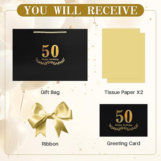 JMANNI Black Gold 50th Birthday Gift Bag with Card and Tissue Paper, 14.2"x9.8"x4.3" Large Present Bag for Men Women, 50 Year Old Birthday Keepsake Party Supplies