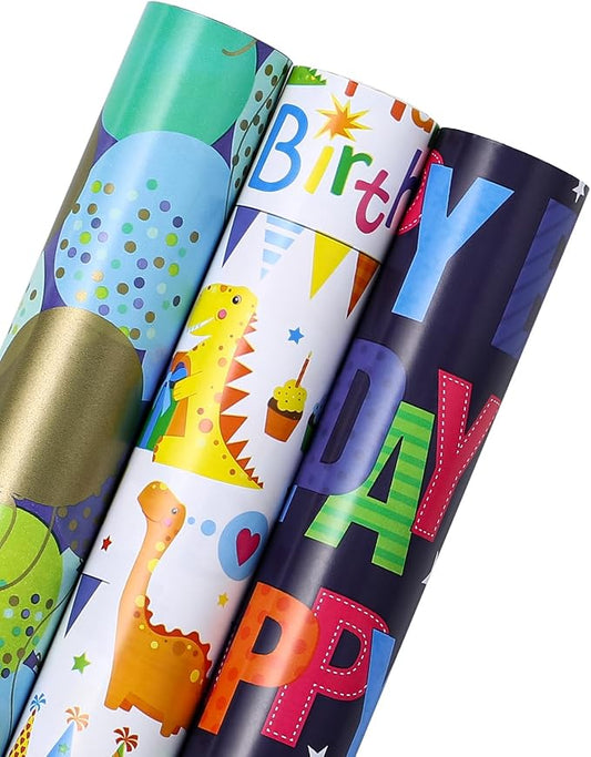 WRAPAHOLIC Dinosaur Birthday Wrapping Paper Roll - Mini Roll - 3 Rolls - 17 inch x 120 inch Per roll - Happy Bday Wrapping Paper for Kids Boys Birthday, Baby Shower, Dinosaur Lover