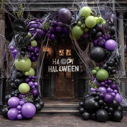 Green Purple Black Balloons Double Stuffed, Halloween Balloon Arch Garland Kit in Dark Purple Dusty Olive Green Color with Black Long Latex for Halloween Birthday Baby Shower Boo Spooky Party Decor