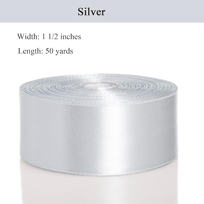 YASEO 1 1/2 Inch Silver Solid Satin Ribbon, 50 Yards Craft Fabric Ribbon for Gift Wrapping Floral Bouquets Wedding Party Decoration