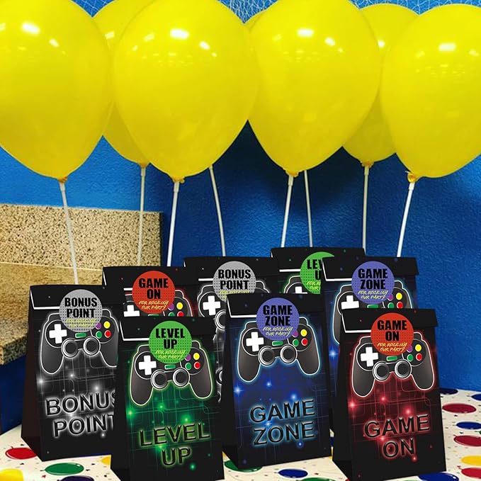 24 Pieces Video Game Party Candy Bags 4 Designs Goodie Bags for Themed Birthday Party Favors Supplies with 24pcs stickers