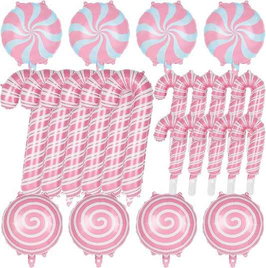 Christmas Candy Cane Balloons, 24 Pcs Christmas Foil Mylar Balloons, Large Pink Candy Cane Balloons for Xmas Birthday Candy Themed Party