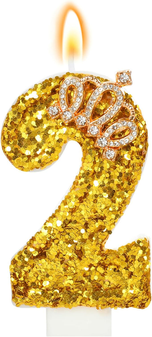 Gold Birthday Candle Crown Number 2 Candle with Sequins Cake Candles Cupcake Decorations Party Decor for Anniversary Celebrations Supplies