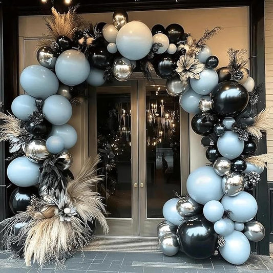 Blue Black Balloon Garland Double Stuffed Dusty Blue White Balloons Black Silver Balloon Arch for Birthday Wedding Graduation Baby Shower Anniversary Party Decorations