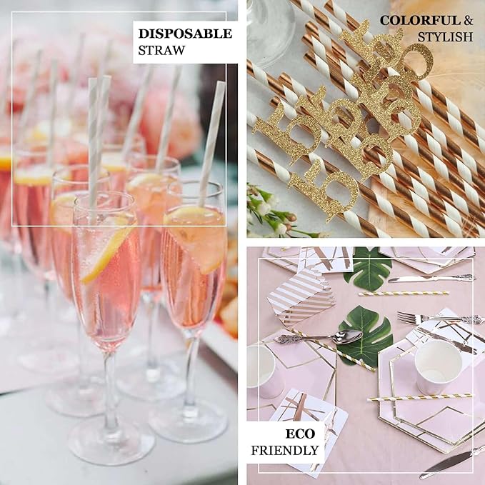 Efavormart 125 Pcs Candy Striped Paper Straws Silver Foil Swirl Straws For Wedding Birthday Party Dance Banquet - White/Silver