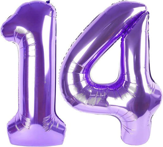 Balloons 14 Numbers, Large 14th Purple Birthday Decorations for 1 4 14 41, 40 Inch Foil Balloon for Wedding Engagement Photo Shoot Memorial Day's Supplies