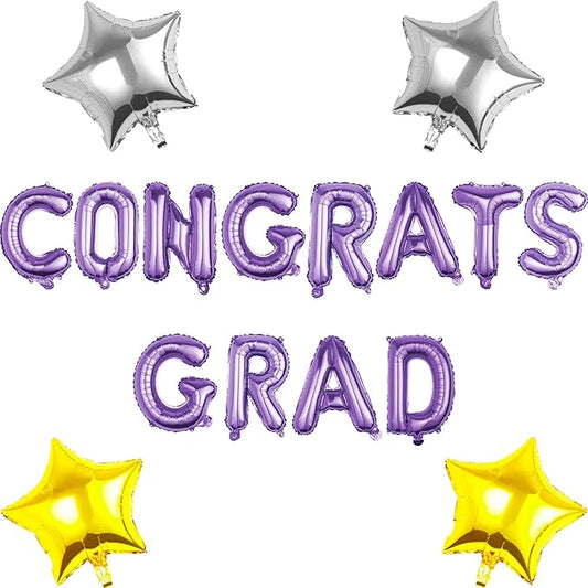 Graduation Balloons Set - CONGRATS GRAD Purple Foil Letter Balloons with Star Decorations - Perfect Graduation Gift for 2026 Graduates - Party Decoration Kit
