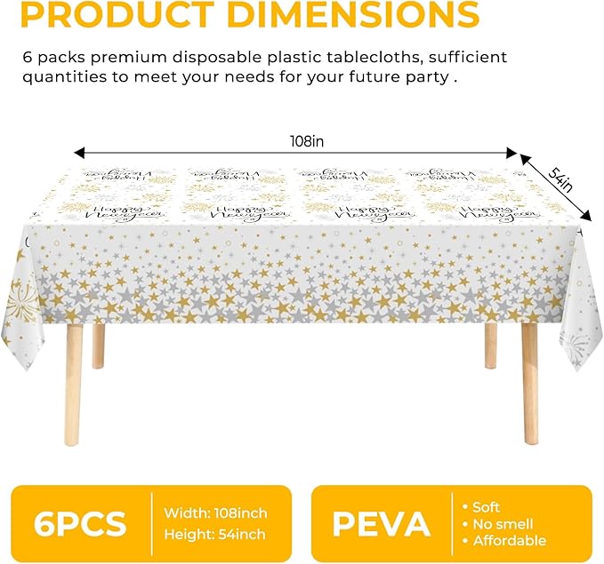 6 Pack Happy New Year Tablecloths Premium Disposable Plastic Tablecloth 54" x 108" Table Cloths for 6 to 8 Foot Tables New Years Eve Parties Decoration Supplies (New Year White)