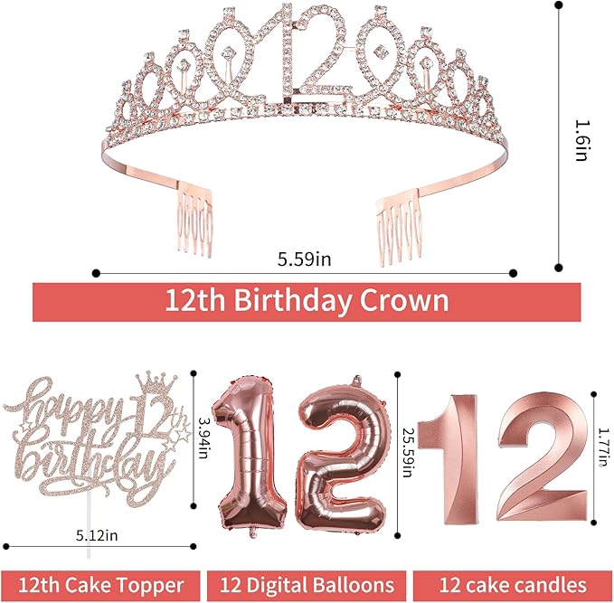 12th Birthday Decorations for Girls, Including Sash, Crown Tiara, Candles, Cake Toppers, 12rd Birthday Gifts for Girls