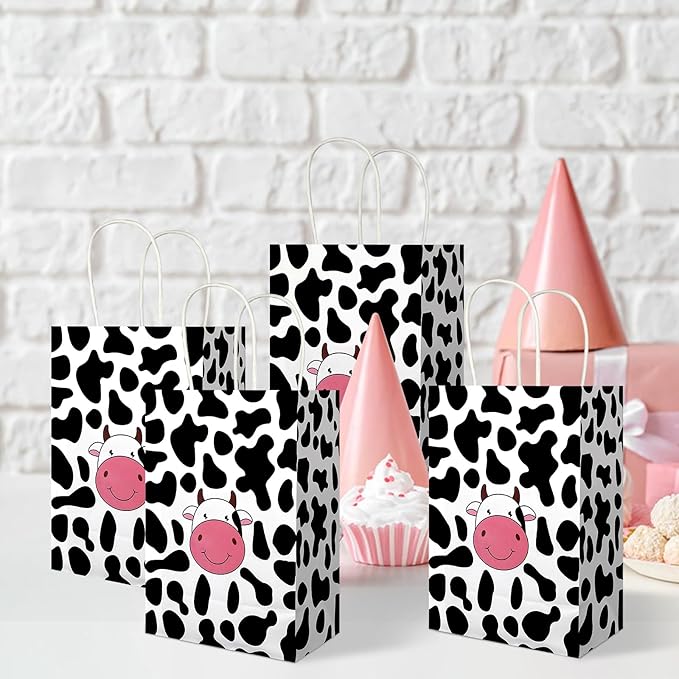 20Pcs Cow Party Favors Bags with Handles, Farm Themed Kraft Paper Gift Bags Candy Bags, Cute Cow Print Goodie Bags for Girls Boys Birthday Baby Shower