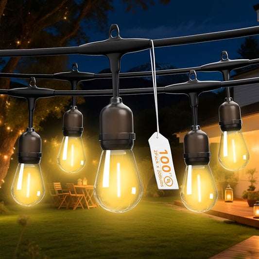 Outdoor Safety String Lights 100FT - Commercial Grade Low Voltage Strand with 40 S14 Shatterproof Bulbs for Tree Garden Yard bistro Cafe | Warm Yellow 3500K Party Lights | IP65 Waterproof | UL Listed