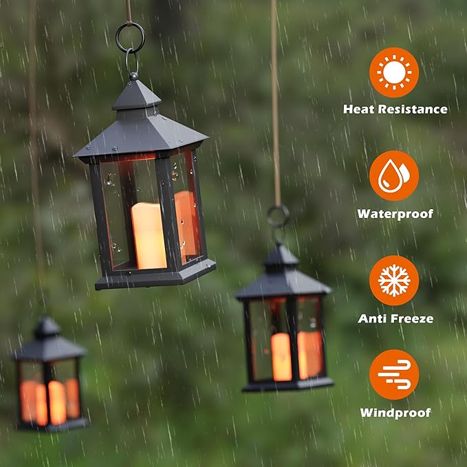 14" Lanterns Decorative Indoor/Outdoor, 2 Pack Black Lantern Decor with Timer Candle, Waterproof Battery Operated Outdoor Lanterns, Vintage Hanging Lanterns for Patio, Porch, Entryway, Centerpieces