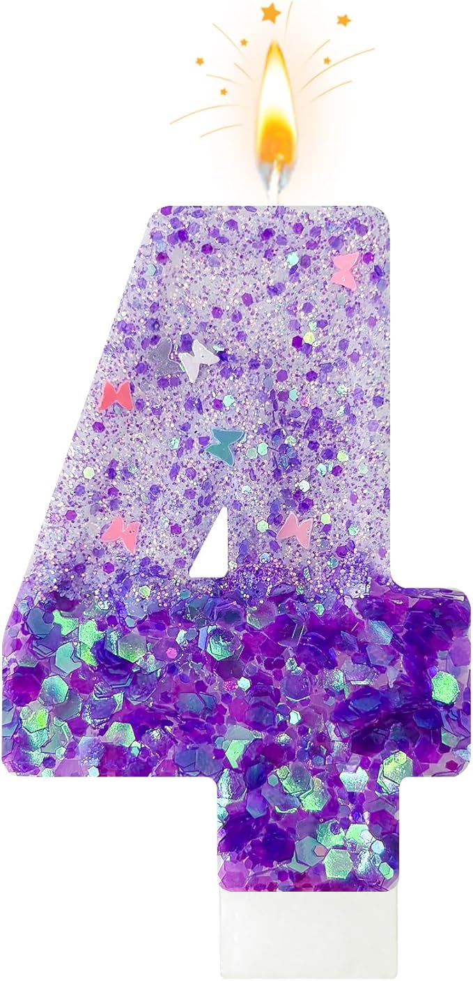 Purple Sequin Birthday Candles, Cake Number Candles, Girls 0th Birthday Decorations, Suitable for Birthday Parties, Anniversary Party Decorations(4)