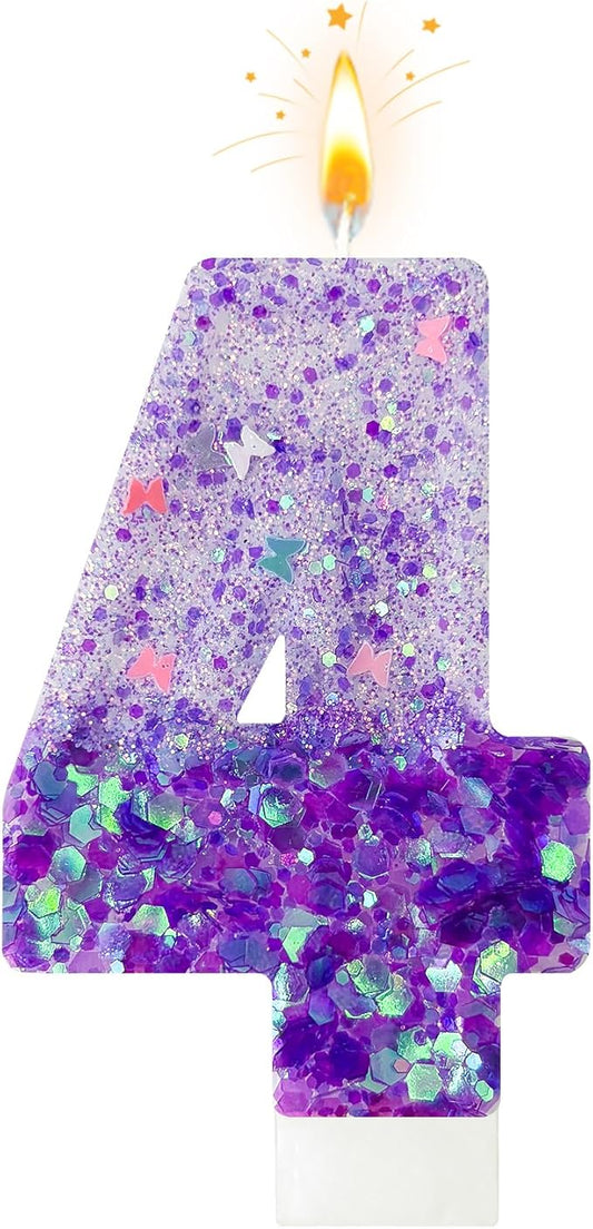 Purple Sequin Birthday Candles, Cake Number Candles, Girls 0th Birthday Decorations, Suitable for Birthday Parties, Anniversary Party Decorations(4)