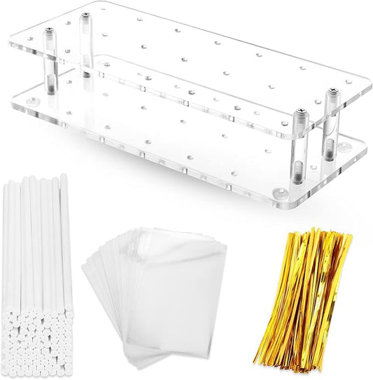 Goabroa Cake Pop Stand, 21 Holes Clear Acrylic Cake Pop Kit with 300 PCS Cake Pop Sticks and Wrappers, Cake Pop Maker for Weddings Birthday Parties Baby Shower Halloween