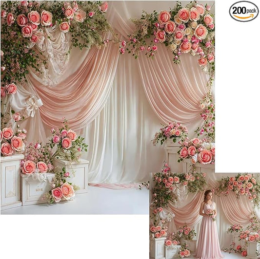 Kate 10x10ft Wedding Backdrop Curtain Pink Floral Decor for Ceremony Photography Background Romantic Bridal Shower Party Photo Booth Props with Rose Garland Drapes