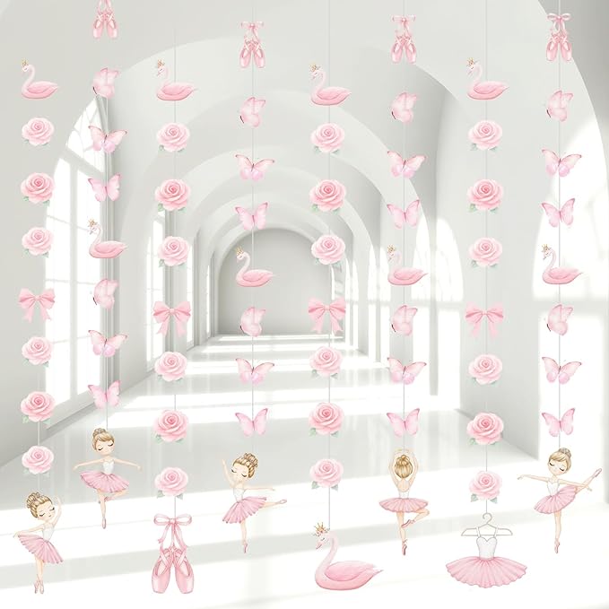 Daifunli 8 Pcs Ballerina Party Decorations Ballet Dancer Birthday Hanging Garlands Banner Pink Swan Rose Butterfly Paper Cutouts for Girls Wall Ceiling Decor Ballet Birthday Party Supplies