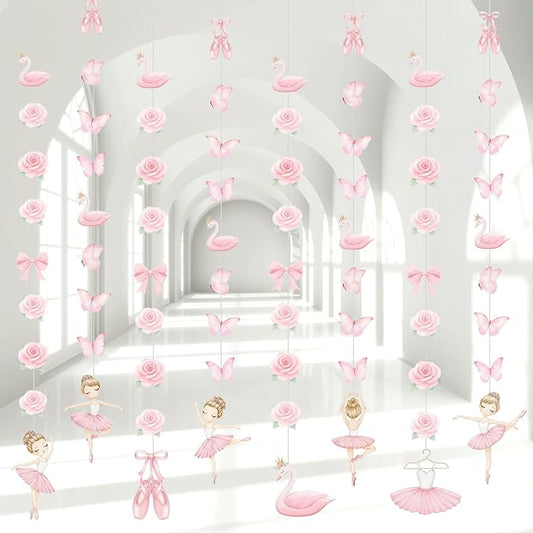 Daifunli 8 Pcs Ballerina Party Decorations Ballet Dancer Birthday Hanging Garlands Banner Pink Swan Rose Butterfly Paper Cutouts for Girls Wall Ceiling Decor Ballet Birthday Party Supplies