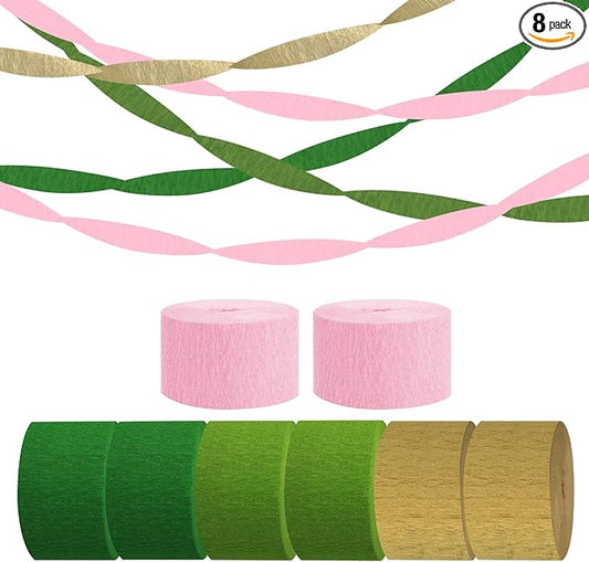 Paper Streamers,8 Rolls Green Pink and Gold Wedding Party Decorations,Crepe Paper Streamers for Party Supplies, Birthday, Spring Party,Bachelorette, Baby Bridal Shower(1.77Inch x 82Ft/Roll)