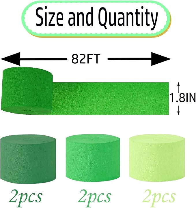 Green Crepe Paper 6 Pcs Streamers for Party Decorations, Birthday Wedding DIY Crafts, Gift Wrapping Supplies