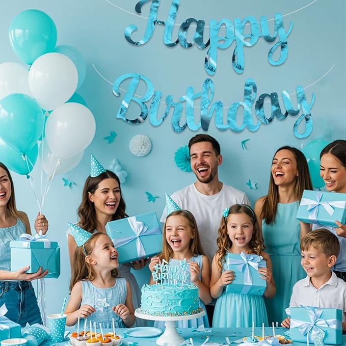 BEISHIDA Happy Birthday Banner - NO DIY,Double-Sided Lake Blue 10Feet Pre-Strung-Glitter Birthday Sign Garland Backdrop Decorations for Women men Party