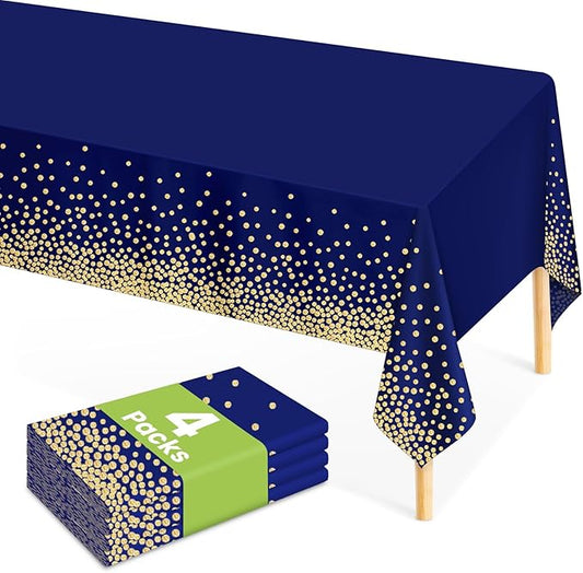 4 Pcs Navy Blue Plastic Tablecloth Gold Dot Blue Table Cloths, 54×108 inches Disposable Gold Dot Confetti Dark Blue Table Cover for Anniversary Friendsgiving Fine Dining Graduation Party Decoration…