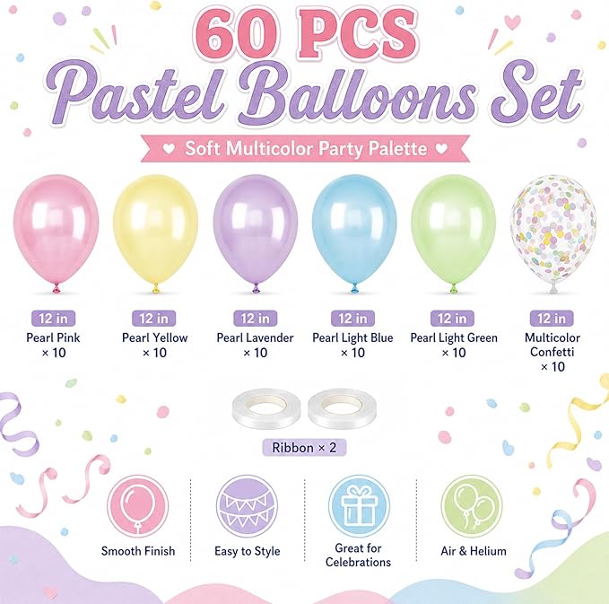 Pastel Balloons, 60Pcs Colorful Balloon, 12 Inch Latex Pearl Yellow Purple Pink Blue Green Multicolor Confetti Balloons Helium for Kids Baby Shower Birthday Wedding Easter Pastel Party Decorations