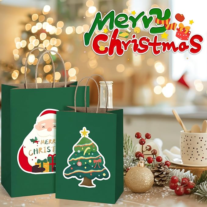 BagDream Forest Green Gift Bags with Handles 5.25x3x8 Inch 25Pcs Small Kraft Paper Gift Bags for Christmas, Thanksgiving, Craft, Outings, Party Favors, Retail, Grocery, Recyclable