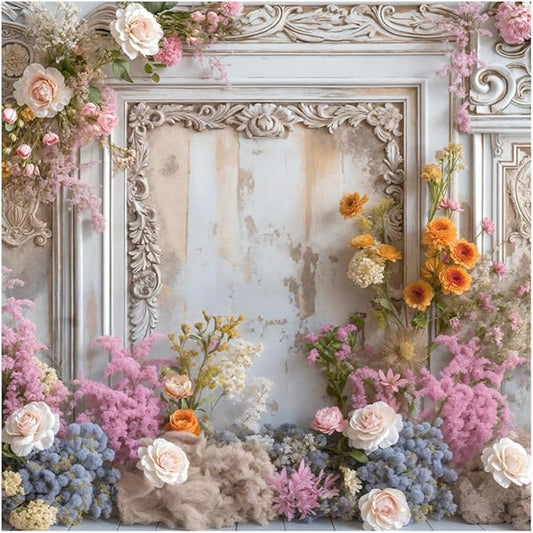 Kate 6.5x6.5ft Frame Style Retro Wall Wedding Portrait Photography Backdrops Colorful Fresh and Dried Flowers Romantic Sweetheart Birthday Photo Background