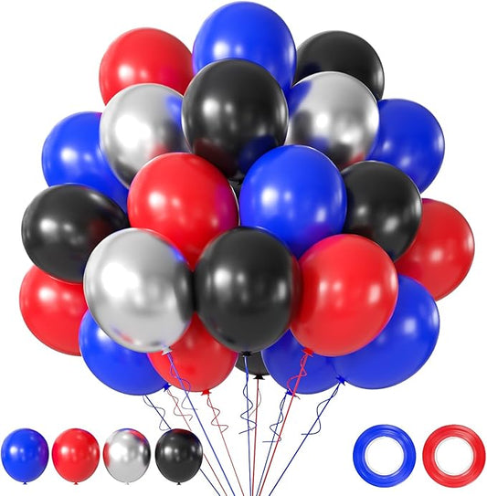 Black Red and Blue Balloons, 50PCS Red and Blue Party Balloons, 12Inch Spider Theme Balloon Metallic Silver Black Red Blue Balloons for Boys Birthday Graduation Baby Shower Party Decorations