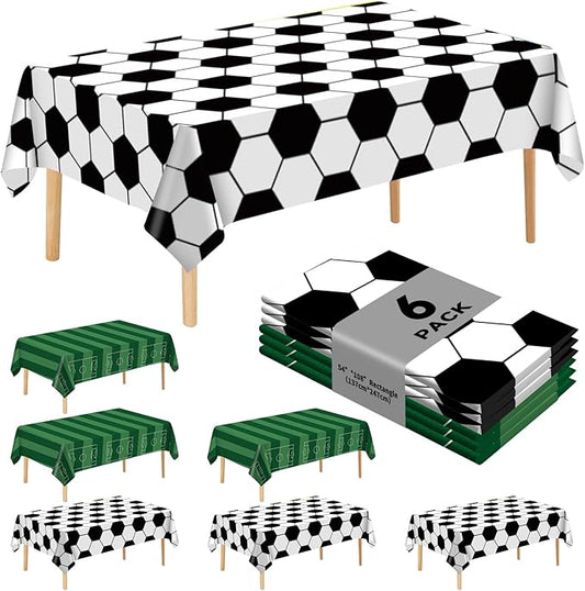 6 Pack Soccer Party Premium Disposable Plastic Tablecloth 54" x 108" Table Cloths Include 3 Black＆White and 3 Green for 6 to 8 Foot Sports Ball Theme Decoration Supplies (Soccer)