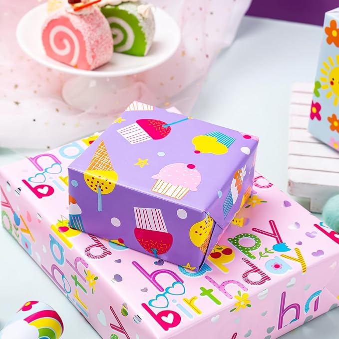 WRAPAHOLIC Girls Birthday Wrapping Paper Roll - 3 Short Rolls - 17 inch x 120 inch Per roll - Fantacy Pink and Purple Wrapping Paper for Kids Girls Birthday, Baby Shower