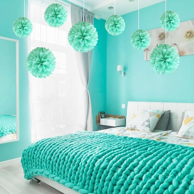 20 PCS Emerald Blue Tissue Paper Pom Poms, Tissue Pom Poms Flowers, Sizes of 6", 10", 12", 14" Hanging Paper Flower Ball for Wedding, Birthday, Halloween, Christmas, Baby Shower Party Decor