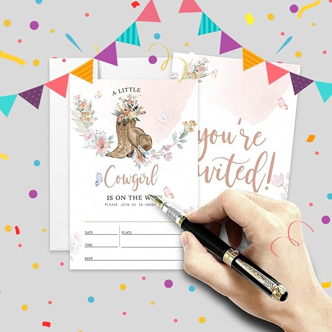 AEHIE 20 Sets Baby Shower Shaped Fill-In Invitations With Envelopes, A Little Is On The Way Party Invitations Invite Cards for Baby Girls West, Western Newborn Invites