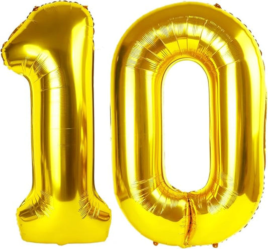 Numbers Balloon 10th Birthday Decorations, 40 Inch Big Foil Balloon for Men & Women, Gold Number Balloons for Wedding Memorial Day Birthday Aniversarry Supplies
