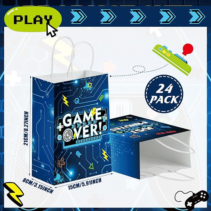 Yeaqee 24 Pcs Video Game Gift Bags Game Party Favor Goodie Candy Treat Gift Bags with Handle Gaming Paper Wrapping Bag for Kids Boys Birthday Party Supplies Gaming Themed Birthday Decoration