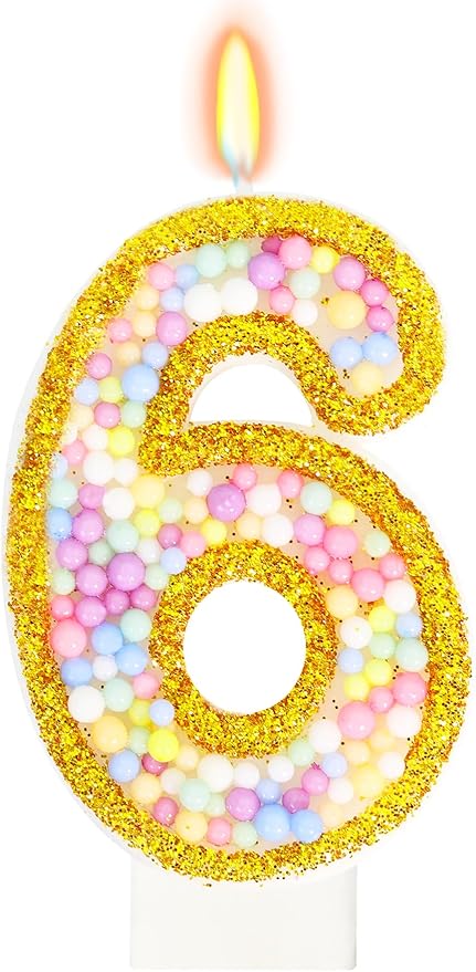 6th Birthday Candle for Cake, Colorful Macaron Numeral Candles for Girls/Boys, Birthday Party Cake Decorations, Golden Cake Topper for Birthday Party Supplies (Number 6)