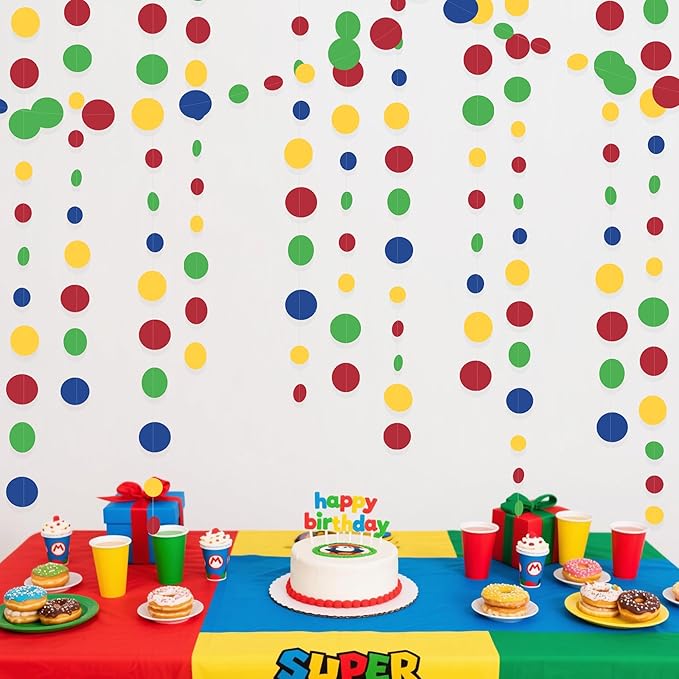 Mario Party Decorations Circle Dot Garland Red Blue Yellow Green Hanging Paper Polka Dot Streamer for Birthday Baby Shower Wedding Bridal Shower Carnival Circus Clown Fiesta Party Supplies