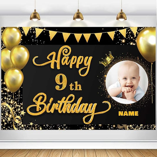 Custom Happy 9th Birthday Decorations Banner -9 Years Old Backdrop forwomenmen Boys Girls - Personalization Party Supplies Black and Gold, 4x6ft/5x7.5ft/6x9ft/7x10.5ft/8x12ft