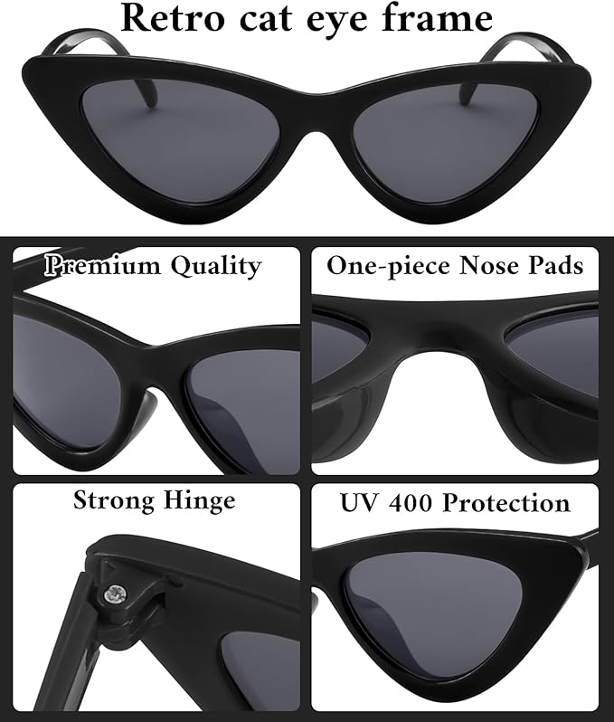 PLULON Vintage Narrow Cat Eye Sunglasses Women Men Sun Glasses Retro Cateye Boys Girls Birthday Summer Beach Pool Party