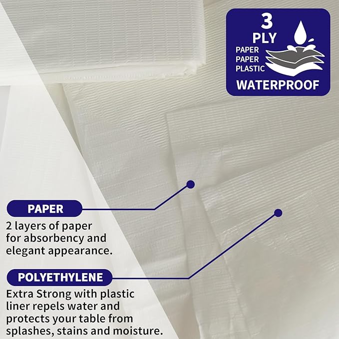 [6 Pack] Cream White Paper Tablecloth Disposable for Rectangle Tables, 54 X 108 Inch Party Table Cover with Plastic Backing, Waterproof 3 Ply Table Cloth for Graduation Wedding Event, New Pattern