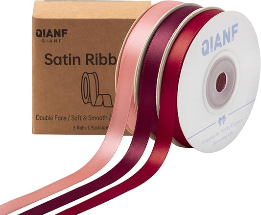 QIANF Burgundy Double Face Satin Ribbon 3/8 Inch x 45 Yards Wine Red Coral Pink Fabric Ribbon for Gift Wrapping, Flower Bouquets, Bows Making, Wedding Decor, Invitations, Christmas (3 Rolls *15Yd)