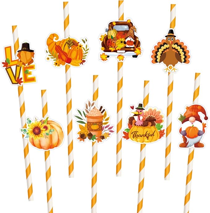 Konsait Thanksgiving Paper Straws, 24 PCS White Orange Striped Straws for Fall Harvest Party Decorations