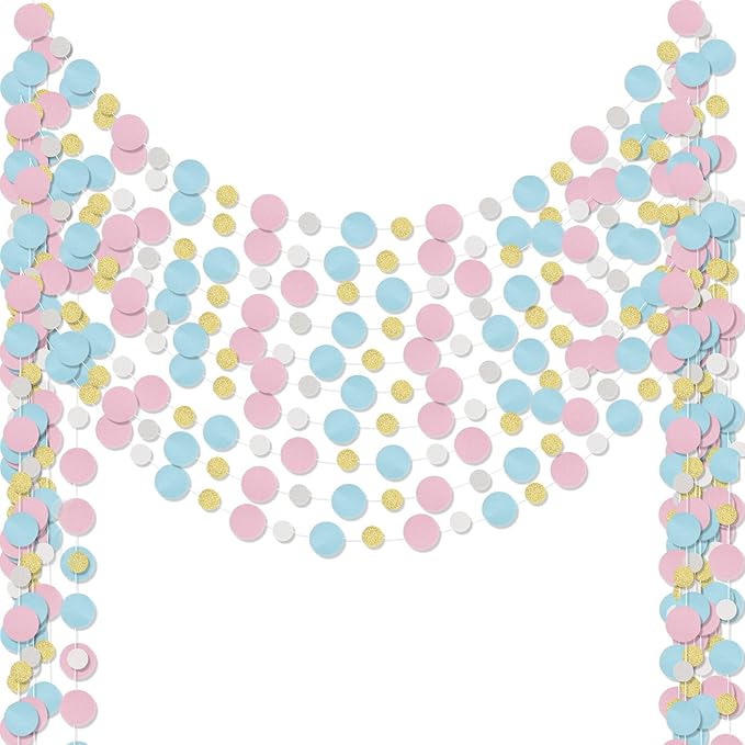 Outus 10 Pieces Pink,Blue,Gold,White Round Dots Garland Graduation Party Hanging Decor Each Length 13.1ft Glitter Paper Dot Streamers for Birthday Wedding Classroom Supplies