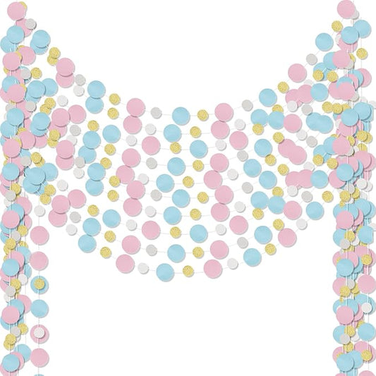 Outus 10 Pieces Pink,Blue,Gold,White Round Dots Garland Graduation Party Hanging Decor Each Length 13.1ft Glitter Paper Dot Streamers for Birthday Wedding Classroom Supplies